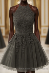 Black Halter Tulle With Lace Short Party Dress, Black Tulle Homecoming Dress